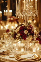 Extravagant wedding reception table with gold and white decor, crystal candelabras, fine plates, glassware, and a lush floral centerpiece in red 