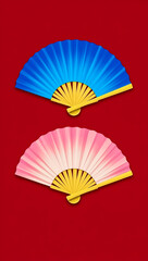 two stylish hand fans one blue and one pink against a red background