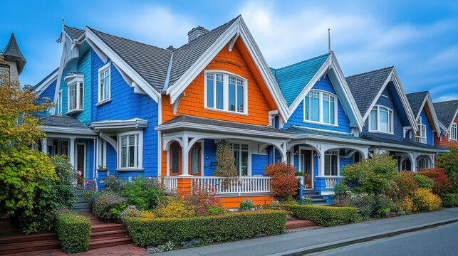 Colorful Victorian Row Houses on Sunny Day