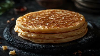 Stack of rustic, golden-brown pancakes with crispy edge and soft interior placed on dark stone plate. National Pancake Day