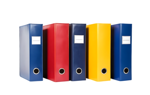Office binders and folders in yellow, blue, and red colors, isolated on a white or transparent background, png.