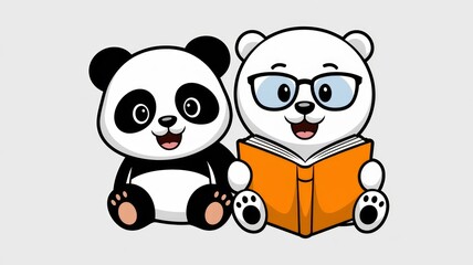 Fototapeta premium Book Buddies: Panda and Polar Bear Reading Together Generative aI