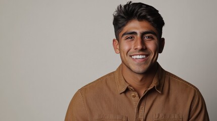Smiling 30-year-old Indian man in casual attire, quarter view, isolated on white. Space for text.