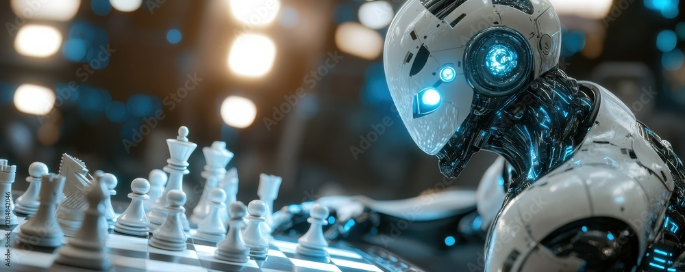 Poster futuristic robot playing chess in high-tech environment with bright lights