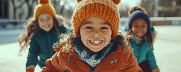 Smiling children in winter attire playing outdoors
