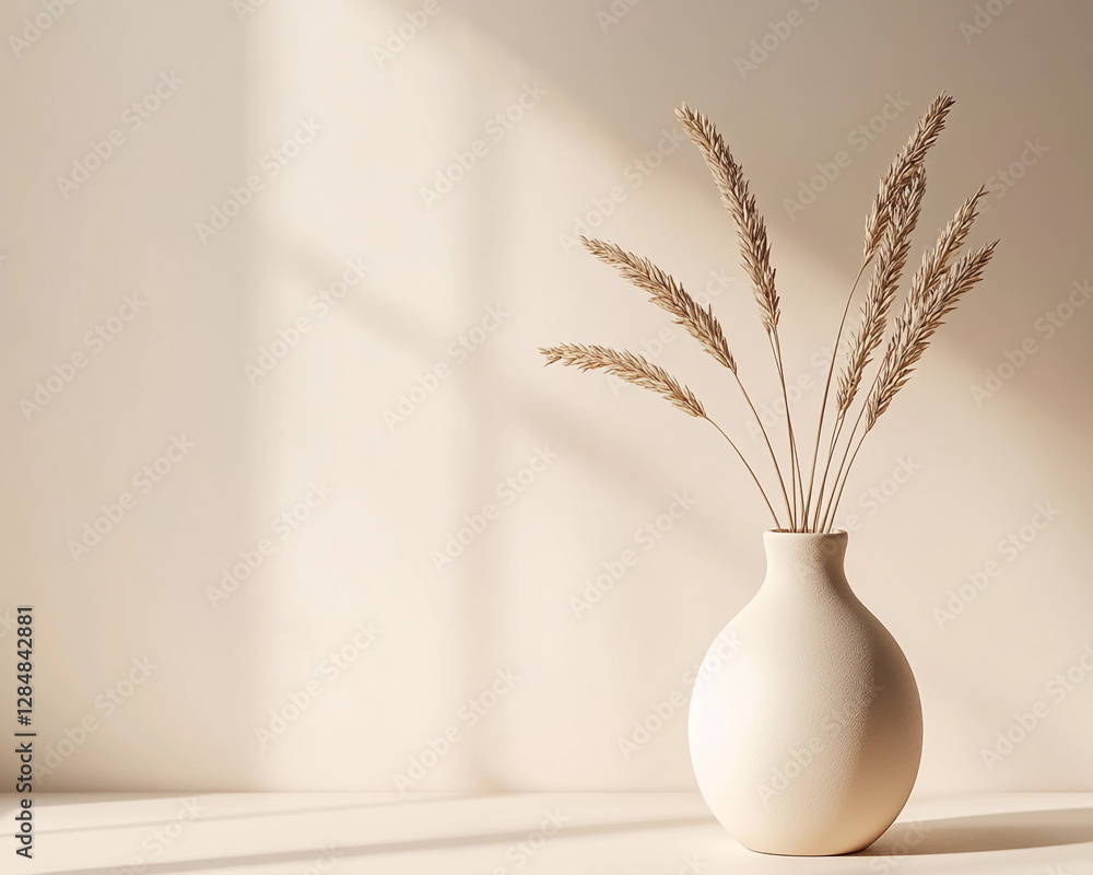 Poster a minimalist arrangement of dried wheat stems in a neutral-colored vase casting soft shadows against