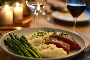 Dinner table with elegantly plated seared tuna, garlic mashed potatoes, and asparagus, paired with a glass of wine,