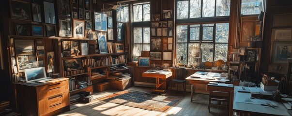 Fototapeta premium Cozy artist studio with paintings and sunlit windows