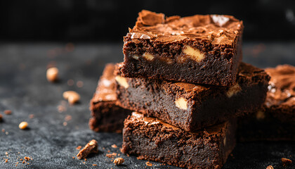 Stack of brownies on black background. Delicious homemade chocolate dessert, brownie with peanut butter, copy space
