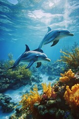 Fototapeta premium Dolphins swimming through a coral reef, their movements creating gentle currents that stir the vibrant underwater flora,