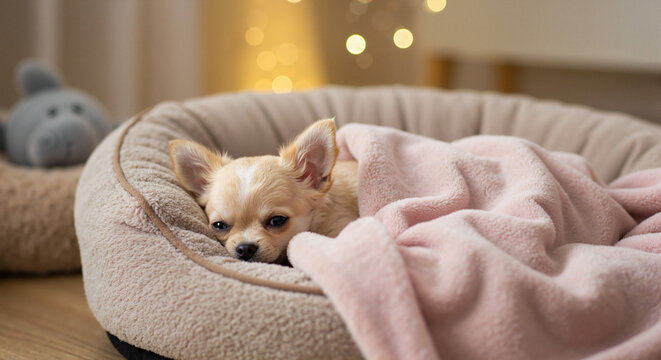 Chihuahua puppy relaxing on bed with pink blanket