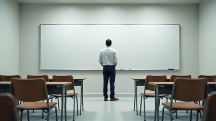 Teacher pointing to a board, From a bird's-eye view a teacher stands alone at a whiteboard in a minimalist classroom under soft artificial light.