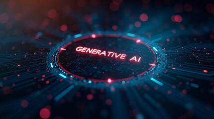 Abstract futuristic background with glowing circuitry and a digital interface displaying the words uppercase 'GENERATIVE AI' inside a circular frame. High-tech feel