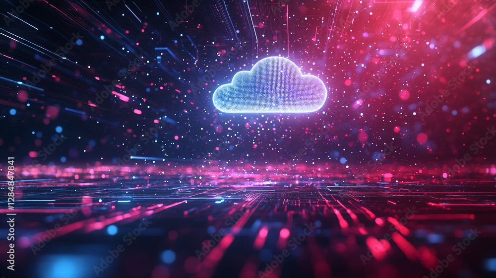 Poster A futuristic cloud icon floating above a vibrant digital grid, symbolizing cloud computing and advanced technology in the context of data processing and virtual networks.