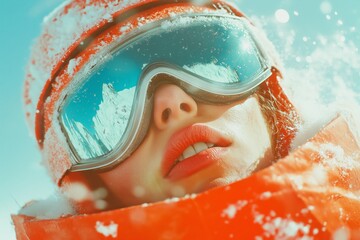 Woman in orange ski gear and mirrored goggles covered in fresh snowflakes – Winter sports and adventure in the mountains