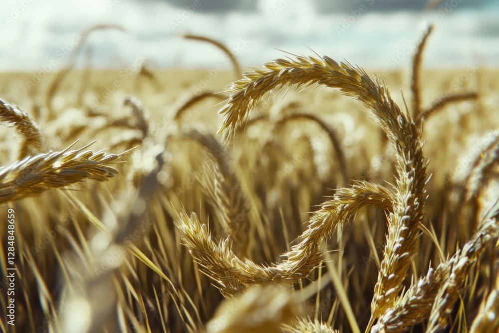 Poster wheat stalks twist and curl in an expansive field as sunlight bathes them in golden hues during a br