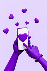 purple hands interacting with a smartphone displaying a heart surrounded by floating hearts on a light purple backdrop.