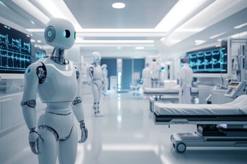 High-tech robots assist medical staff in a hospital designed for advanced care, focusing on patient health and technological integration. Generative AI