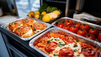 Obraz premium Freshly Baked Italian Dishes with Tomatoes and Herbs in a Catering Tray