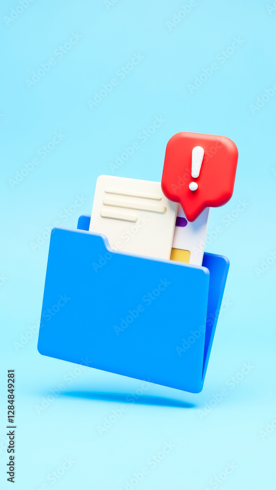 Fototapete 3d render of a blue folder with a white document and red exclamation notification