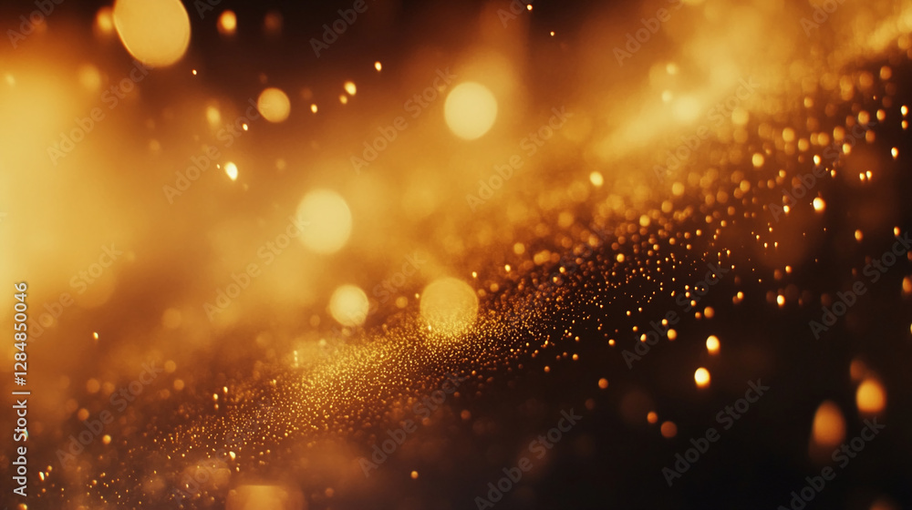 Poster a close-up shot of glowing golden particles scattered in the air, creating a stunning abstract backg