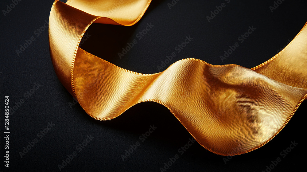 Poster a close-up view of a gold satin ribbon elegantly arranged on a black background. the soft curves of 