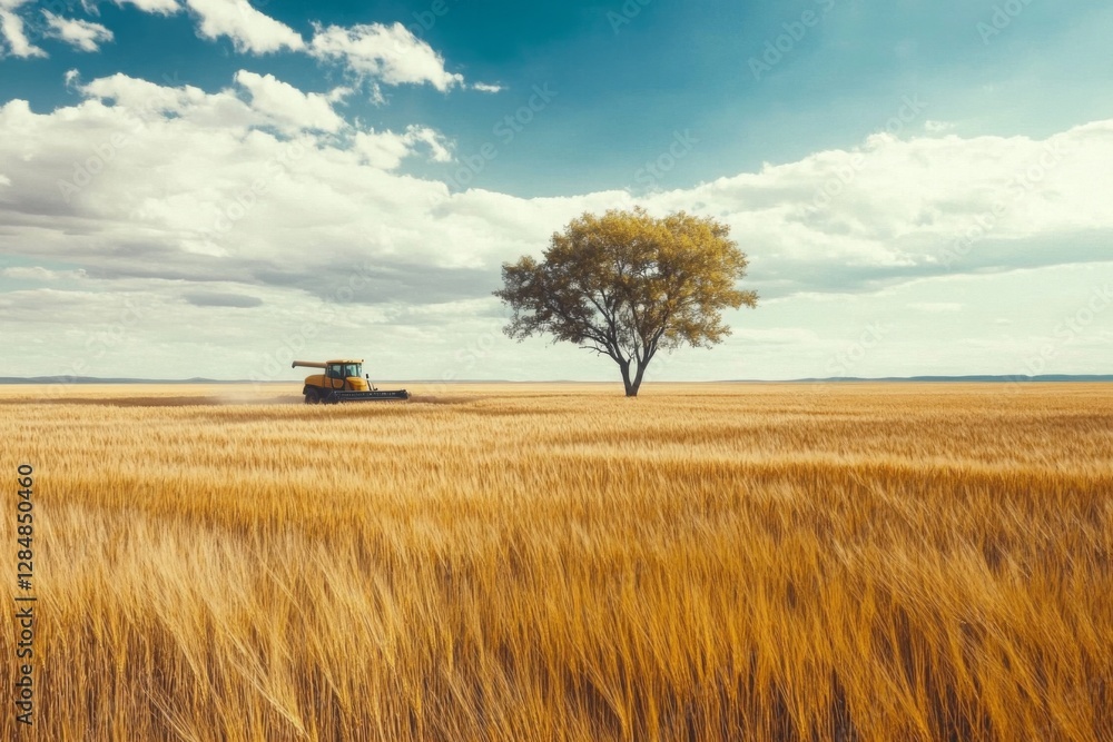 Poster combining equipment operates in a vast wheat field during daytime, surrounded by golden crops and a 