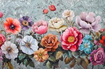 A vibrant floral arrangement featuring various colorful flowers against a patterned background.