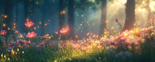 Enchanting forest scene with lush wildflowers and magical sunlit glow in tranquil nature
