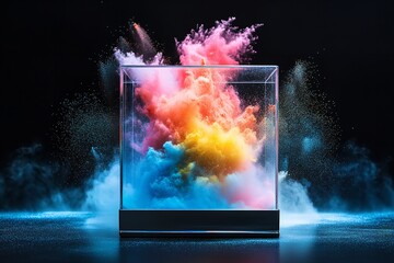 Colorful powder explosion inside a metal box on a black background