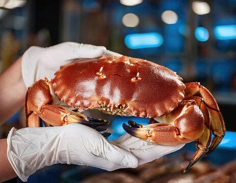 Freshly caught crab displayed by a vendor at a bustling seafood market in the evening