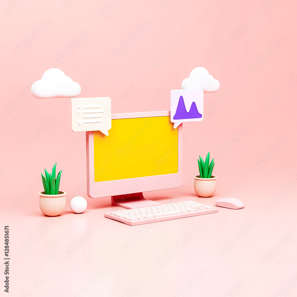 Poster pastel pink minimalist computer setup with communication and data