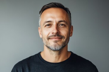 Obraz premium A cheerful, attractive young man in a casual outfit smiles at the camera, standing against a grey background, with space left for your design work