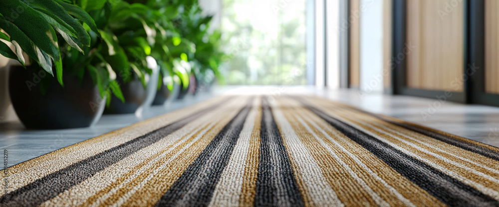 Poster a close-up view of a striped rug placed on the floor, flanked by lush green plants, creating a calm 