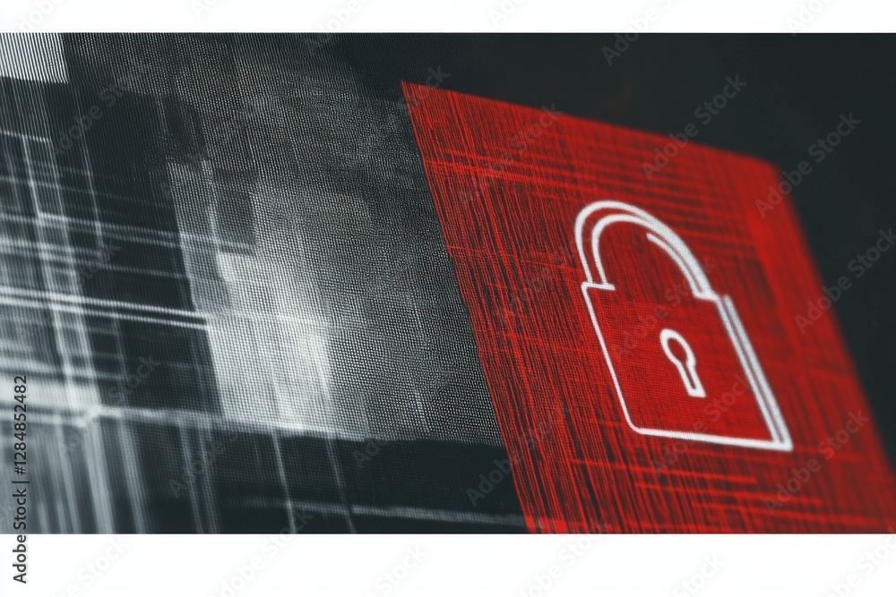 Poster a digital padlock icon is displayed prominently on a red and black background, symbolizing efforts i