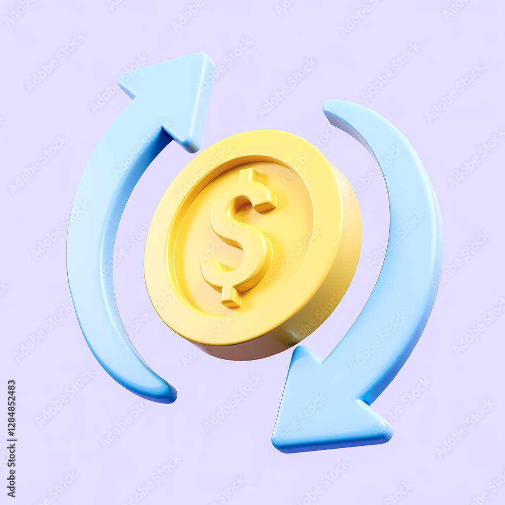 Poster 3d rendering of a yellow dollar coin circulated by two blue arrows representing financial cycle