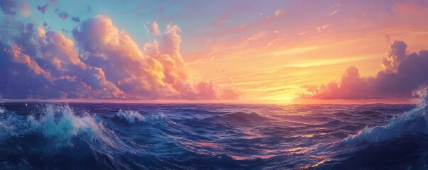 Fototapeta premium Vibrant ocean waves at sunset with dramatic clouds in a colorful sky