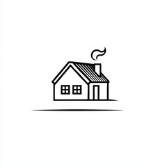 A minimalistic house icon with a tilted roof and windows, positioned on a white background