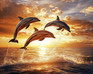 Three Dolphins Jumping Out The