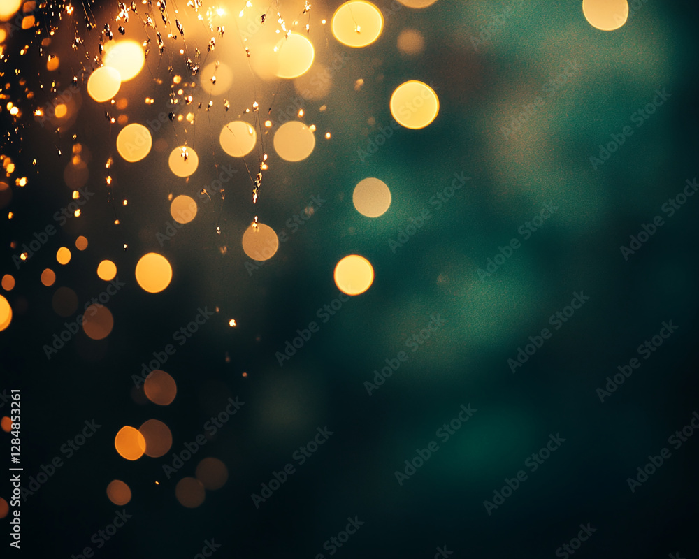 Poster Close-up image of glowing bokeh lights on a dark background, with bright yellow orbs and specks of light scattered across, creating an abstract and dreamy effect.