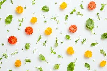 Various cherry tomatoes in red and yellow colors are scattered among fresh leafy greens and herbs on a flat white surface. Generative AI