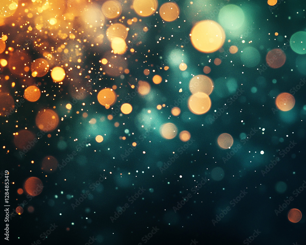 Aufkleber Close-up image of sparkling bokeh lights in golden and teal hues, creating a dreamy and abstract atmosphere with soft blurred lights on a dark background.