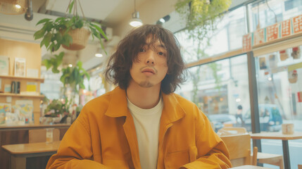 Young Man in a Cozy Cafe Wearing a Stylish Yellow Jacket