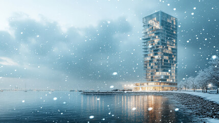 Obraz premium Modern High-Rise Building in a Winter Wonderland