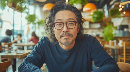 Thoughtful Middle-Aged Man Relaxing in a Cozy Cafe with a Warm Ambiance