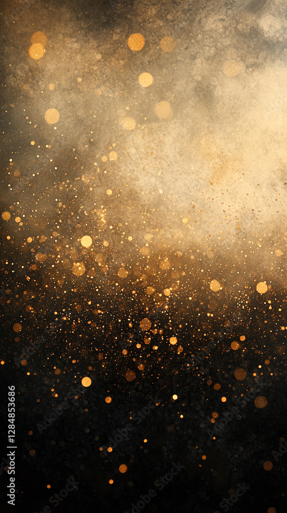 Poster Golden bokeh lights against a dark background, creating a beautiful, glowing effect with shimmering particles, symbolizing celebration and festive moments.
