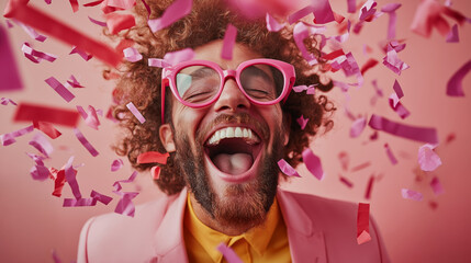 Cheerful Man in Pink Suit Celebrating with Confetti Explosion
