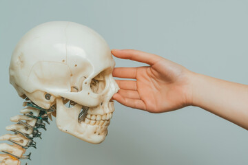 Human Hand Touching a Skull Model in an Educational or Medical Setting