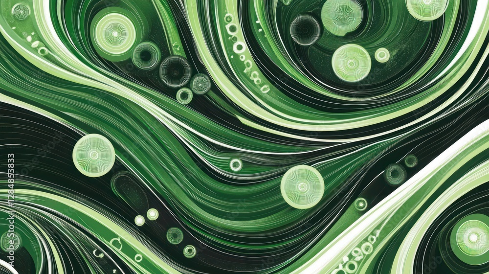 Poster abstract background of green circles and white curved lines. horizontal. dynamic. elegant. pattern