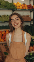 Happy Young Woman Working at Organic Farmers' Market Surrounded by Fresh Fruits and Vegetables